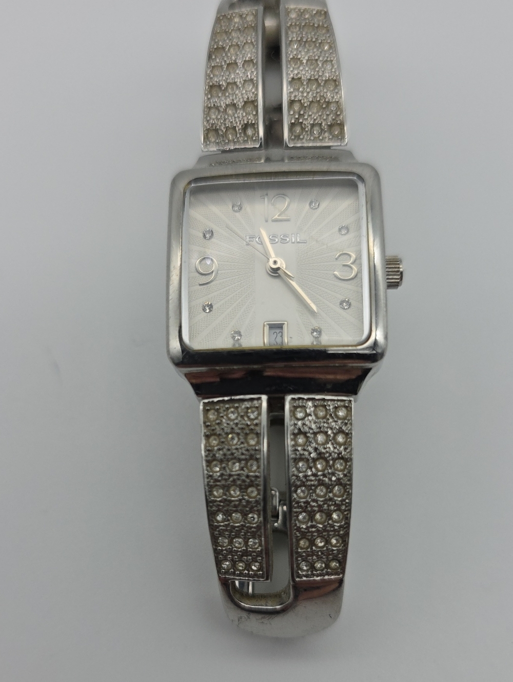 Fossil Silver Crystal-Accent Square Bracelet Watch